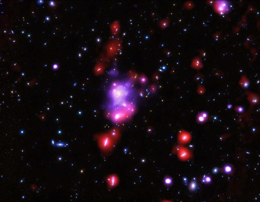 Galaxy Cluster Fireworks. Credit: X-ray: NASA/CXC/INAF/P.Tozzi, et al; Optical: NAOJ/Subaru and ESO/VLT; Infrared: ESA/Herschel/J. Santos, et al.