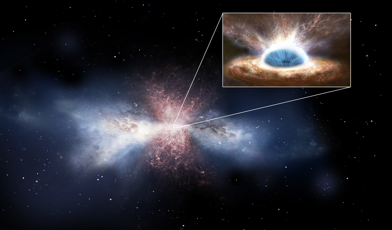 Black-hole winds sweep away the gas in galaxies - Artist's impression. Credit: ESA/ATG medialab