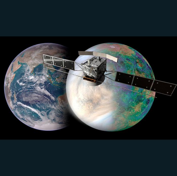 A model of the Envision spacecraft floating in front of two planets, Venus and Earth.