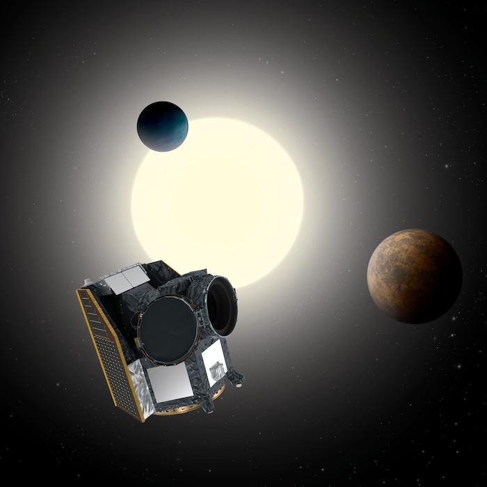 Artist's impressions of the CHEOPS mission of ESA next to a bright star and exoplanets.