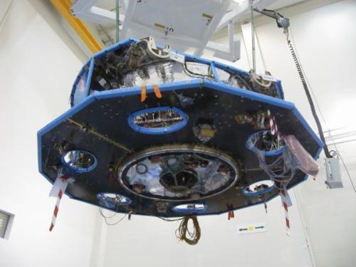 The Gaia Service Module with the Phased Array Antenna (PAA) integrated into the Sun-pointing face. The Antenna Support Panel – the silver area surrounding the Radiating Cone – provides the radiating surfaces needed to reject the heat generated by the PAA. The panels surrounding the antenna will be equipped with solar panels to generate power for the spacecraft. ***** 23 April 2012 ***** credits: Airbus DS