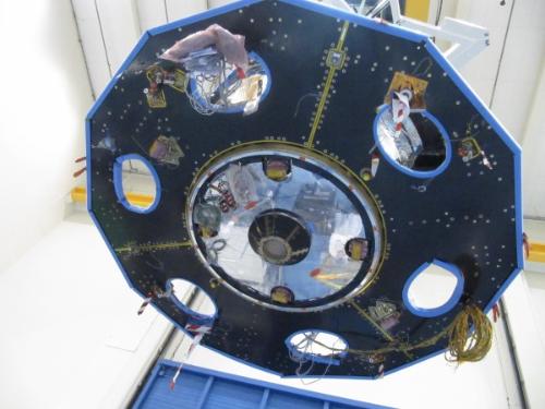 The Gaia Service Module with the Phased Array Antenna (PAA) integrated into the Sun-pointing face. The Antenna Support Panel – the silver area surrounding the Radiating Cone – provides the radiating surfaces needed to reject the heat generated by the PAA. The panels surrounding the antenna will be equipped with solar panels to generate power for the spacecraft. ***** 23 April 2012 ***** credits: Airbus DS