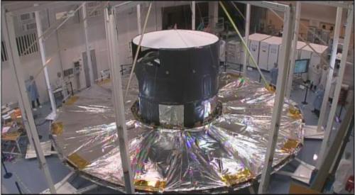 Gaia Deployable Sunshield Assembly (DSA) integrated onto the spacecraft and undergoing deployment testing at Astrium Toulouse. Since the DSA operates in microgravity, it is not designed to support its own weight in the one-g environment at Earth's surface. During deployment testing, the DSA panels were attached to a system of support cables and counterweights that bore their weight, preventing damage and providing a realistic test environment. ***** 2 December 2011 ***** credits: Astrium