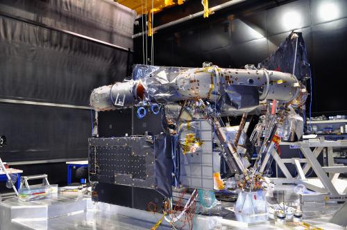 Gaia Protoflight Payload Module during integration. Some of the Multi-Layer Insulation (MLI) has yet to be installed. The dark grey panel on the left nearest the camera is the rear of the Focal Plane Assembly. ***** 11 August 2012 ***** credits: Astrium SAS
