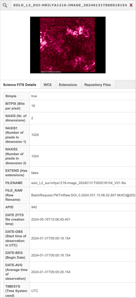 Metadata view of Science FITS Details with Thumbnail